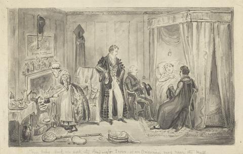 Robert Isaac Cruikshank Wash proofs to accompany Westmacott's "The English Spy": Tom Echo laid up with the Headington fever or an Oxonion very near the Wall