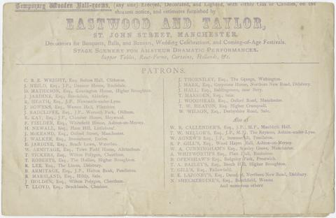 Eastwood and Taylor : St. John Street, Manchester : decorators for banquets, balls, and bazaars, wedding celebrations, and coming-of-age festivals : stage scenery for amateur dramatic performances.