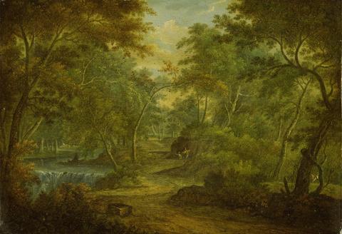 Thomas Smith of Derby A Wooded Landscape with a Stream and a Fisherman