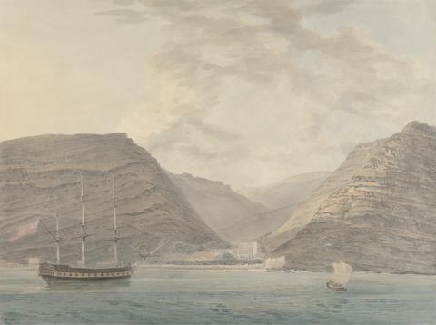Samuel Davis Man of War Moored in Harbor, Mountains in the Background