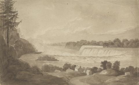 Isaac Weld View of Niagara Falls with the Falls in the Background, Right, and Landscape with Houses in the Foreground