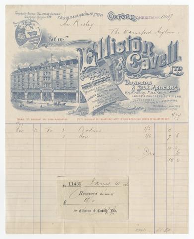 Elliston & Cavell, Ltd. Billheads of Elliston & Cavell, clothiers, Oxford, for clothing purchased by Mrs. Risley, on behalf of the Warneford Asylum.