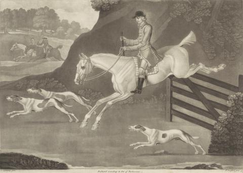 Hunting [two of a set of twelve]: 9. [A rider clearing a gate]