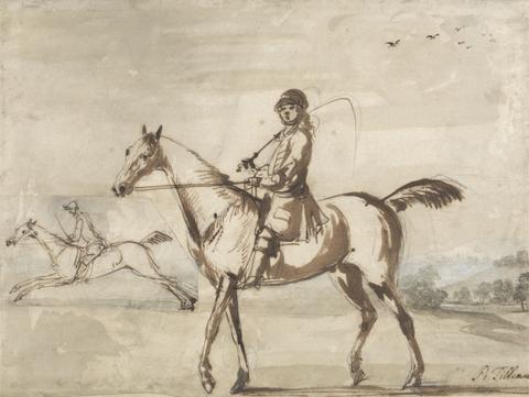 Peter Tillemans Horse and Rider Walking to Left in a Hilly Landscape