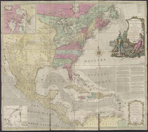 North America, and the West Indies : a new map, wherin the British Empire and its limits, according to the definitive treaty of peace, in 1763, are accurately described, and the dominions possessed by the Spaniards, the French, & other European states : the whole compiled from all the new surveys, and authentic memoirs that have hitherto appeared.