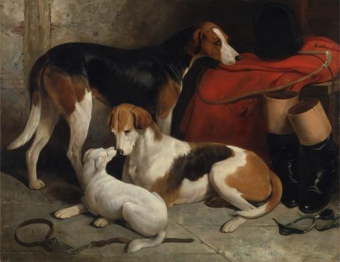 William Barraud A Couple of Foxhounds with a Terrier, the property of Lord Henry Bentinck
