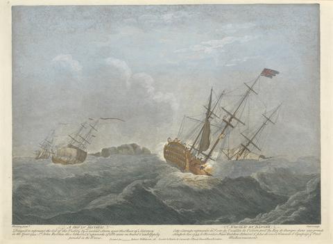 Pierre Charles Canot A Ship in Distress. Design'd to represent the loss of the Victory by a violent Storm near the Race of Alderney in the Year 1744. Sr. John Balchen the Admiral, & upwards of 1000 Men were on board & unhappily perish'd in the Waves