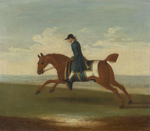 James Seymour One of Four Portraits of Horses - a Chestnut Racehorse Exercised by a Trainer in a Blue Coat: galloping to the left, the horse wearing blue sweat cover and saddle-cloth edged with gold