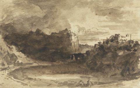 John Varley Romantic Landscape with Cliffs and a Castle