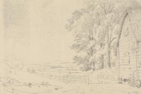 Capt. Thomas Hastings Sketch of a Thatched Roof Building and a River Beyond
