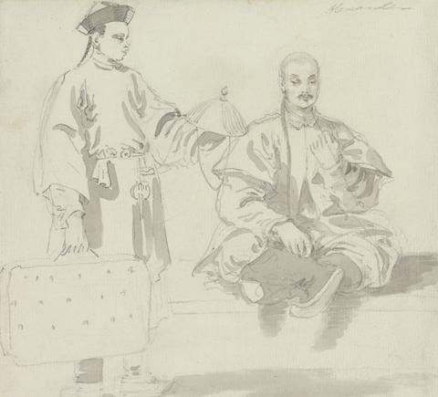 William Alexander Two Chinese Figures: A Seller of Hats and a Man Sitting Cross-Legged, Smoking a Pipe