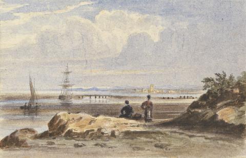 John Varley Seashore with Two Figures and a Distant Town