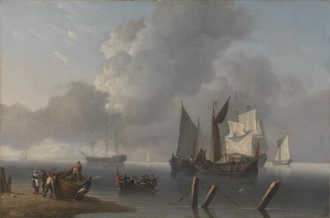 Charles Martin Powell Warships Lying Offshore, the Commanding Admiral Being Rowed out to Join the Flagship, Her Sails Illuminated by a Break in the Clouds