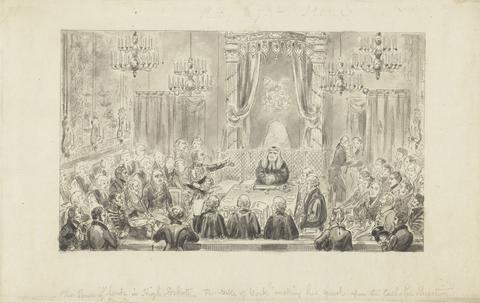 Robert Isaac Cruikshank Wash proofs to accompany Westmacott's "The English Spy": [The House of Lords in High Debate. The Duke of York, making his speech upon the Catholic Question] pub. as The House of Lords