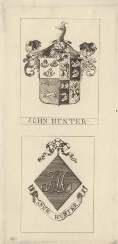 John Hunter's Book Plate with Armorial Bearings and Mrs. Hunter's Book Plate with her Monogram