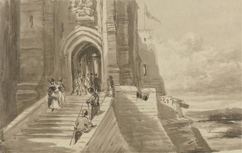 David Cox Figures on the Outer Staircase of a Castle