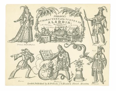 Aladdin, or, The Wonderful lamp : a grand romantic spectacle, in two acts : 8 plates of characters, 15 plates of scenes, 4 plates of wings, total 27 : supplied only for Pollock's characters & scenes.