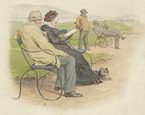 Robert Barnes Elderly Couple on a Park Bench, with Two Men Beyond