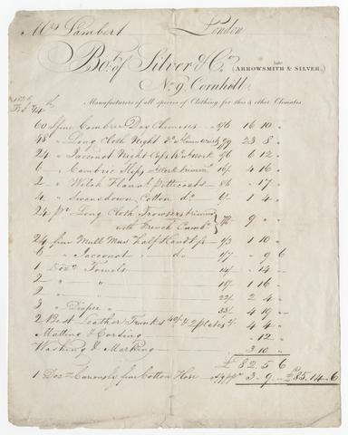Billhead of Silver & Co., clothiers, London, recording clothing purchased by Mrs. Lambert.