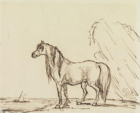 unknown artist Horse on a Sea Shore, Tall Rock Behind