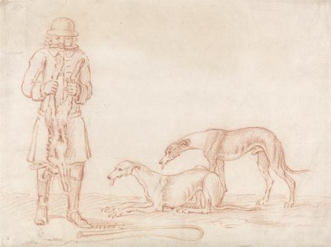James Seymour A Huntsman Holding a Dead Hare, with Two Greyhounds Looking On