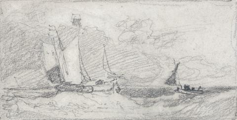 John Sell Cotman Sailing Wherries and Boats in a Choppy Sea