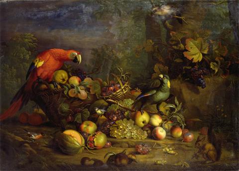 Tobias Stranover Parrots and Fruit with Other Birds and a Squirrel
