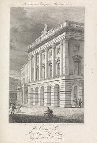 Samuel Rawle The County Fire and Provident Life Office, Regent Street, Piccadilly (published for the European Magazine - Frontispiece, Volune 77, by J. Asperne); page 71 (Volume One)