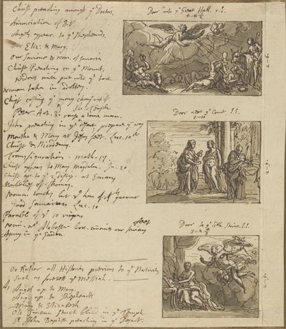 Sir James Thornhill The Angel appearing to the shepherds, the visitation, and the annunciation: a sheet of notes for a proposed decorative scheme with 3 sketches of paintings for overdoors