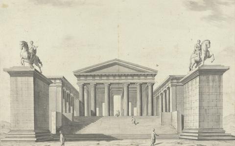unknown artist Views in the Levant: Temple of Pergamon (?) with Statues of Horsemen on Plinths at Each Side of the Steps
