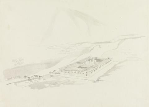 Samuel Davis View of Tasicho Dzong from Above (panoramic view of a large building in a valley)