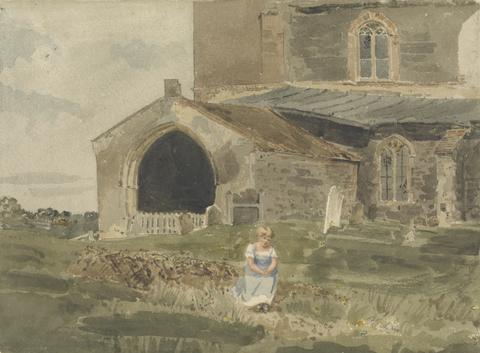 John Thirtle Young Girl Sitting on a Bank outside a Church