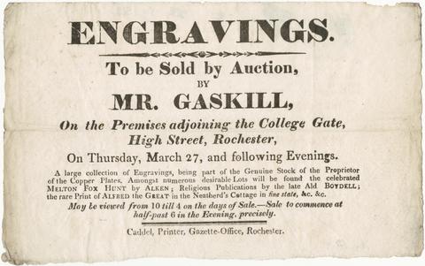 Engravings, to be sold by auction, by Mr. Gaskill : on the premises adjoining the College Gate, High Street, Rochester, on Thursday March 27, and following evenings.