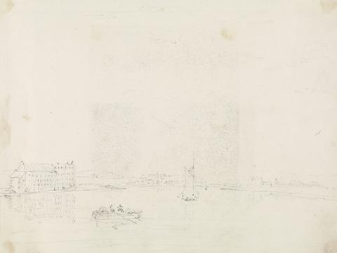 Capt. Thomas Hastings Sketch of Boats and a Large Building, from across the Medina River