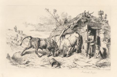 John Frederick Tayler Two Bulls fighting by a Cottage