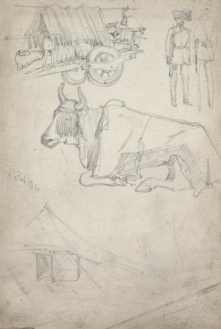 William Simpson Sketches of a Cart, Soldiers, and an Ox