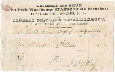 Billhead of N. Kelly & Son, stationer, for a purchase by Blake.