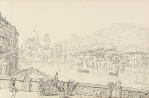 Sir Charles D'Oyly Album of 30 Views in the Tyrol and Italy: City of Verona and Church of San Giorgia looking to the left on the Bridge, 1st Nov.r 1840