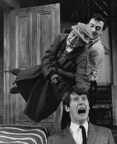 Lewis Morley Michael Crawford, Hazel Corpen and Harry H Corbett in 'Travelling Light' by Leonard Kingston, Prince of Wales Theatre, London