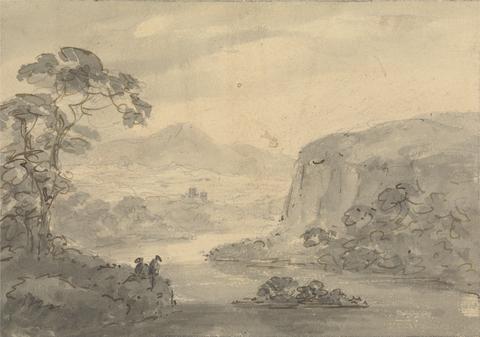 Rev. William Gilpin Mountainous Landscape with Two Figures overlooking a Lake