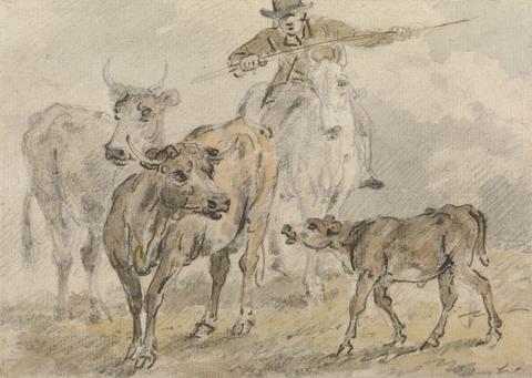 Sawrey Gilpin Man on a horse hearding two cows and a calf