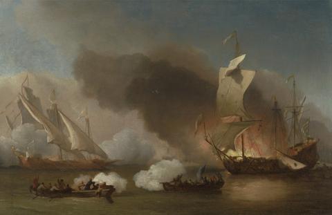 Willem van de Velde the Younger An Action between English Ships and Barbary Corsairs