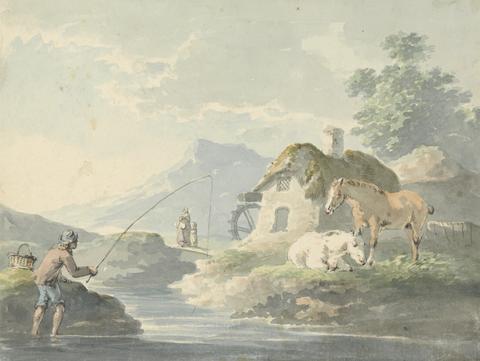 Peter La Cave Rustic Scene: man fishing, left; cottage with water-mill and horses right