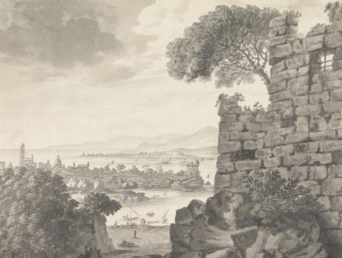 Henry Swinburne Landscape with Ruins in the Foreground, Harbor and Village, in Background