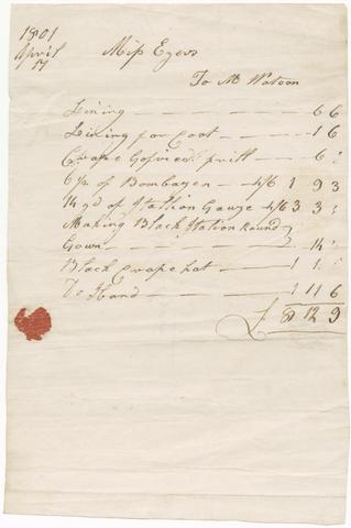 Watson (Clothier) Bill for clothes, notions, and fabrics, 1801.