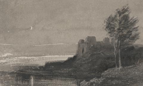 A Castle at the Waterside by Moonlight