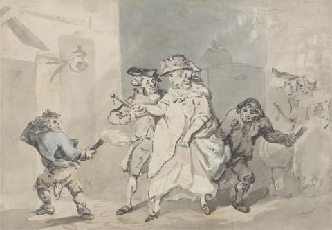 Thomas Rowlandson The Inn Door (A Man escorted by two link boys to a door to the left)