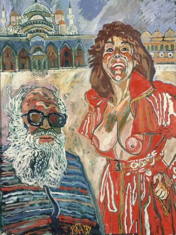John Bratby Self-Portrait in Missoni Cardigan with Patti in Red and Istanbul Mosque