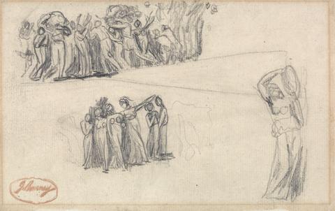 George Romney Two Sketches of Women and Children Fleeing and Standing Female Figure Playing Tambourine as for Lady Anne Leveson in "Dancing Gower Children"
