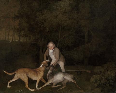 Freeman, the Earl of Clarendon's gamekeeper, with a dying doe and hound